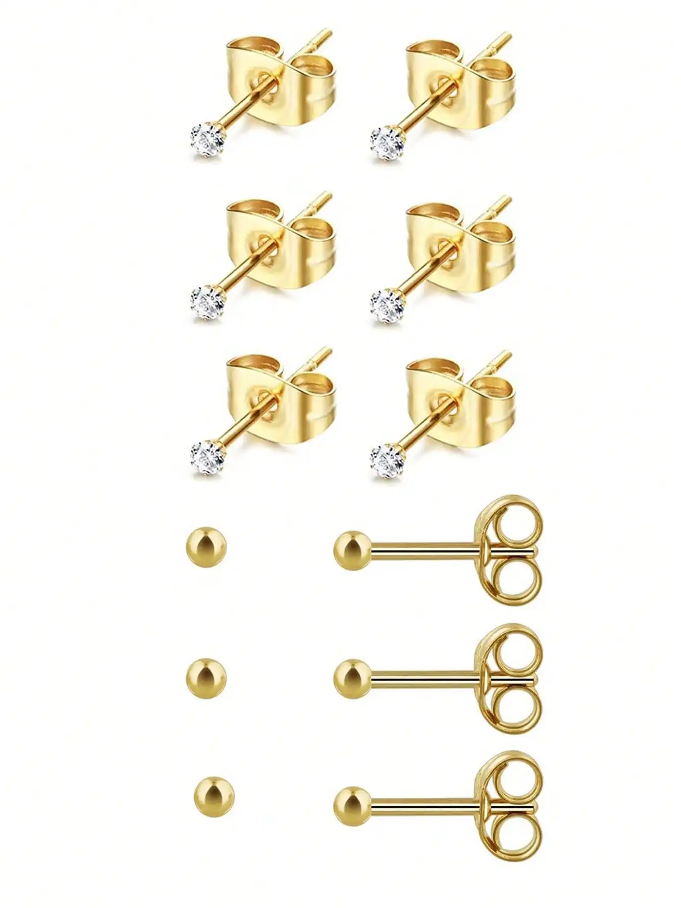 

6 Pairs Gold Tone Stud Earrings Set with CZ & Ball Designs for Women, Men, Girls - Cartilage Tragus Daith Piercing Jewelry
