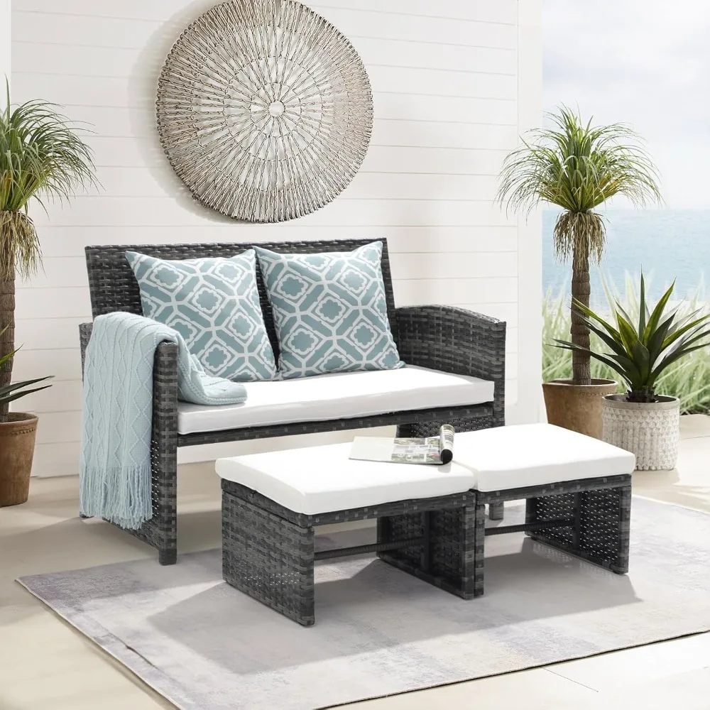 

Outdoor Loveseat Patio Furniture Rattan Conversation Set with Ottoman, White Cushions, Grey Wicker, Pillows Included