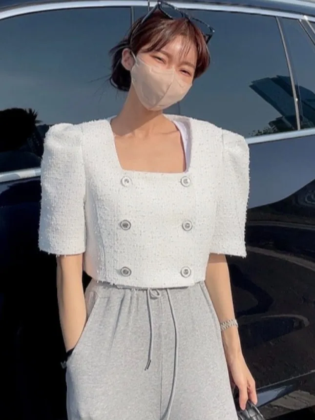 

Chic Summer Vintage ort Coat Women's Faion Square Collar Double Button Coarse Tweed Bubble Sve Outerwear Top