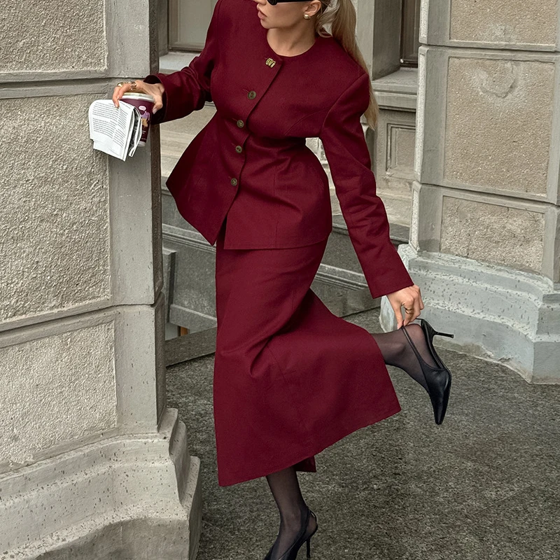 

Sexy Pleated Women's Outfits Vintage Claret Slim Commute 2 Piece Sets Spring Summer New O-neck Long Sleeve Tops&Half Skirts Sets