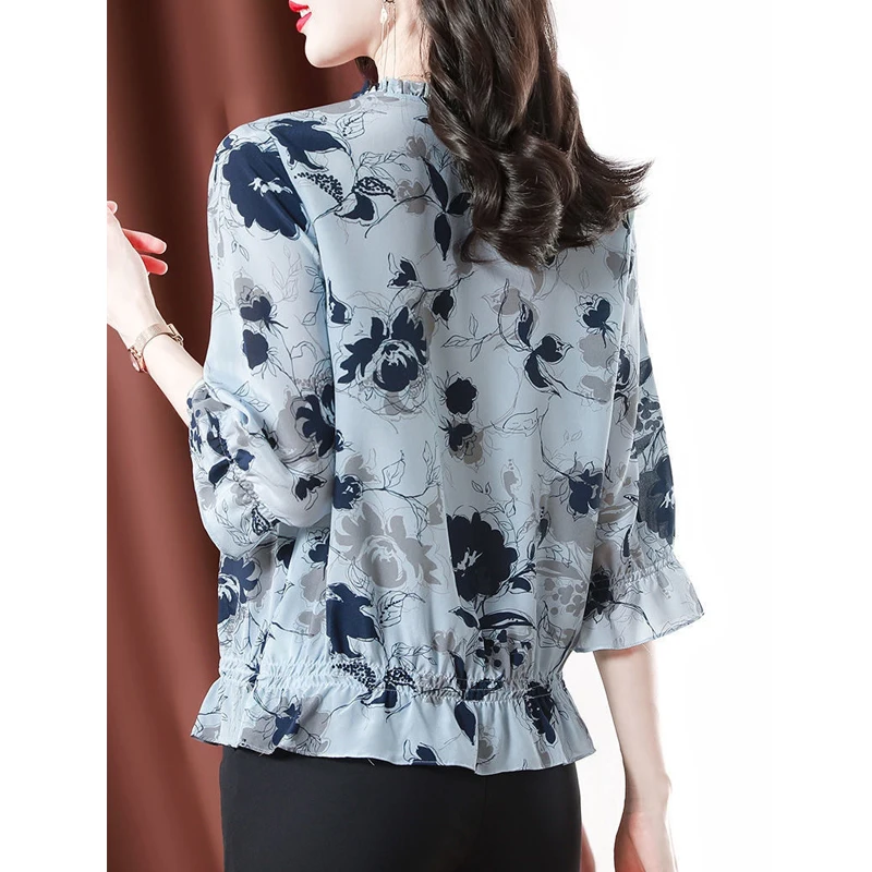 Blusa holgada con estampado Floral Para Mujer, camisa elegante con volantes y cordones, Media manga, Verano