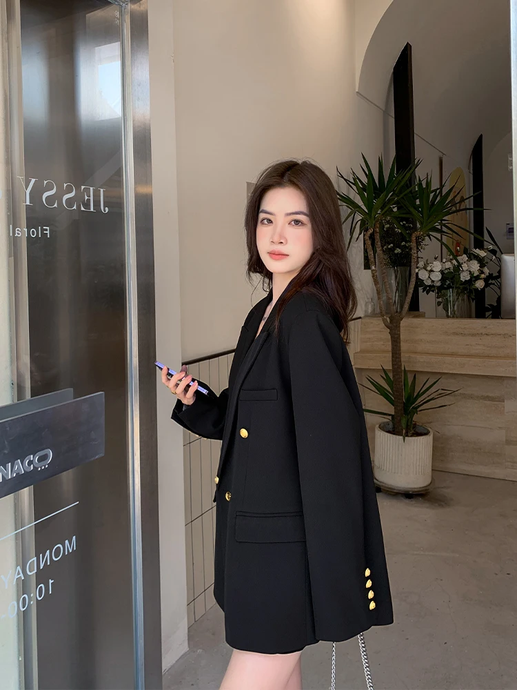 

Bla Casual Loose Women's Suit Jaet High-End Korean Sle Commute Wind Long Sve Button up Pure Color Career Wear