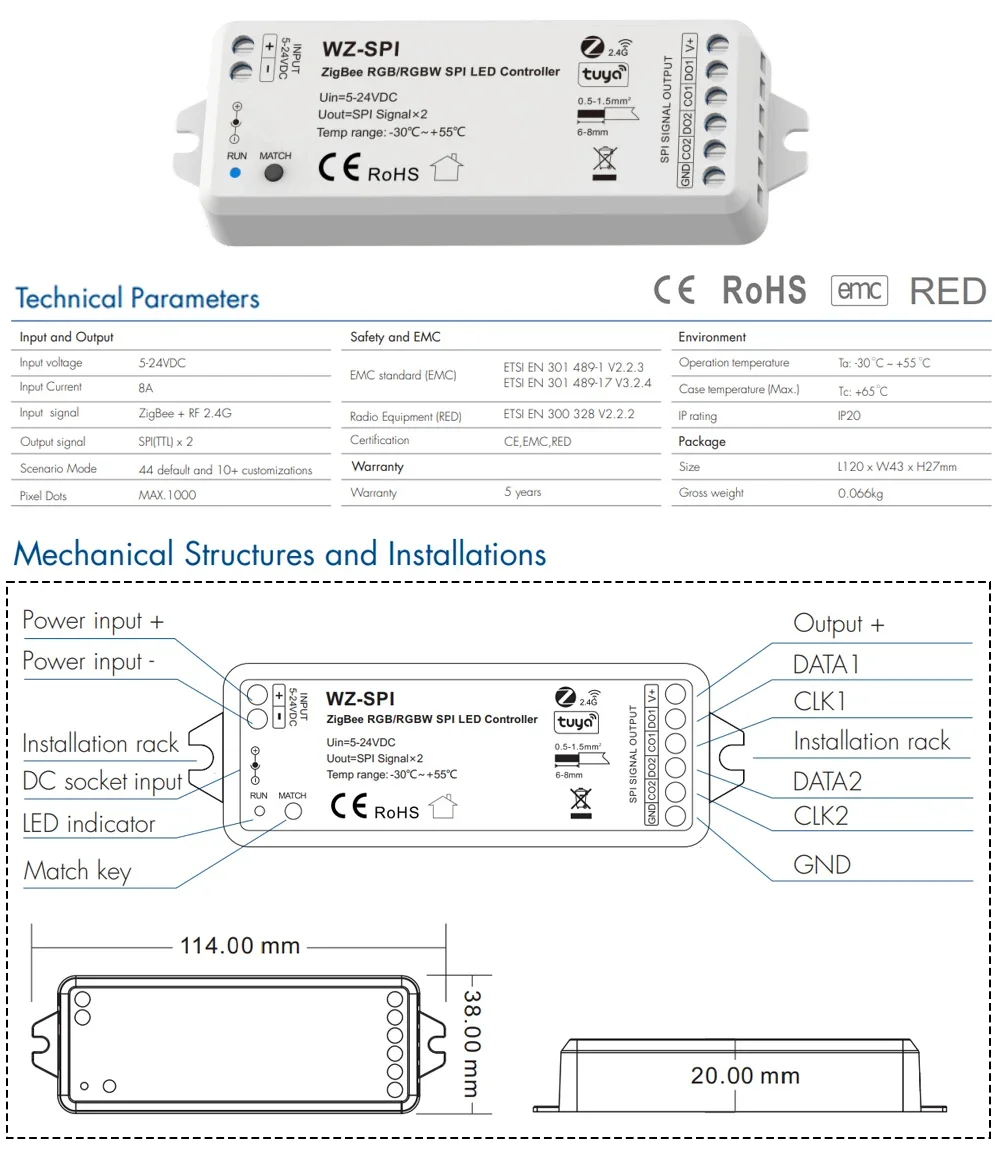 WZ-SPI + R9 KIT Tuya Zigbee SPI kontroler Led RF pilot DC5-24V ściemniacz dla RGB RGBW Pixel WS2811 2812B taśmy LED