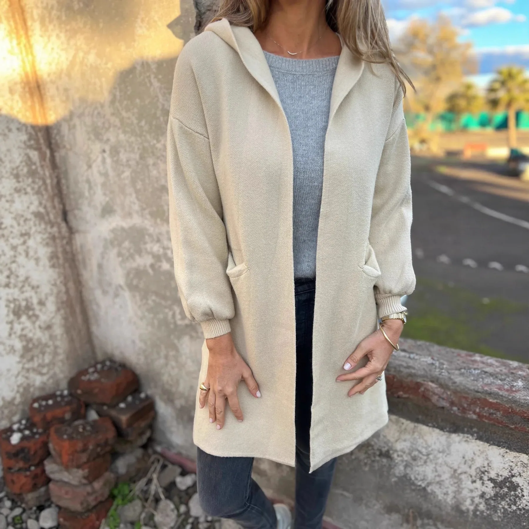 

2025 Autumn Winter Solid Color Casual Woolen Pocket Hooded Jacket For Women