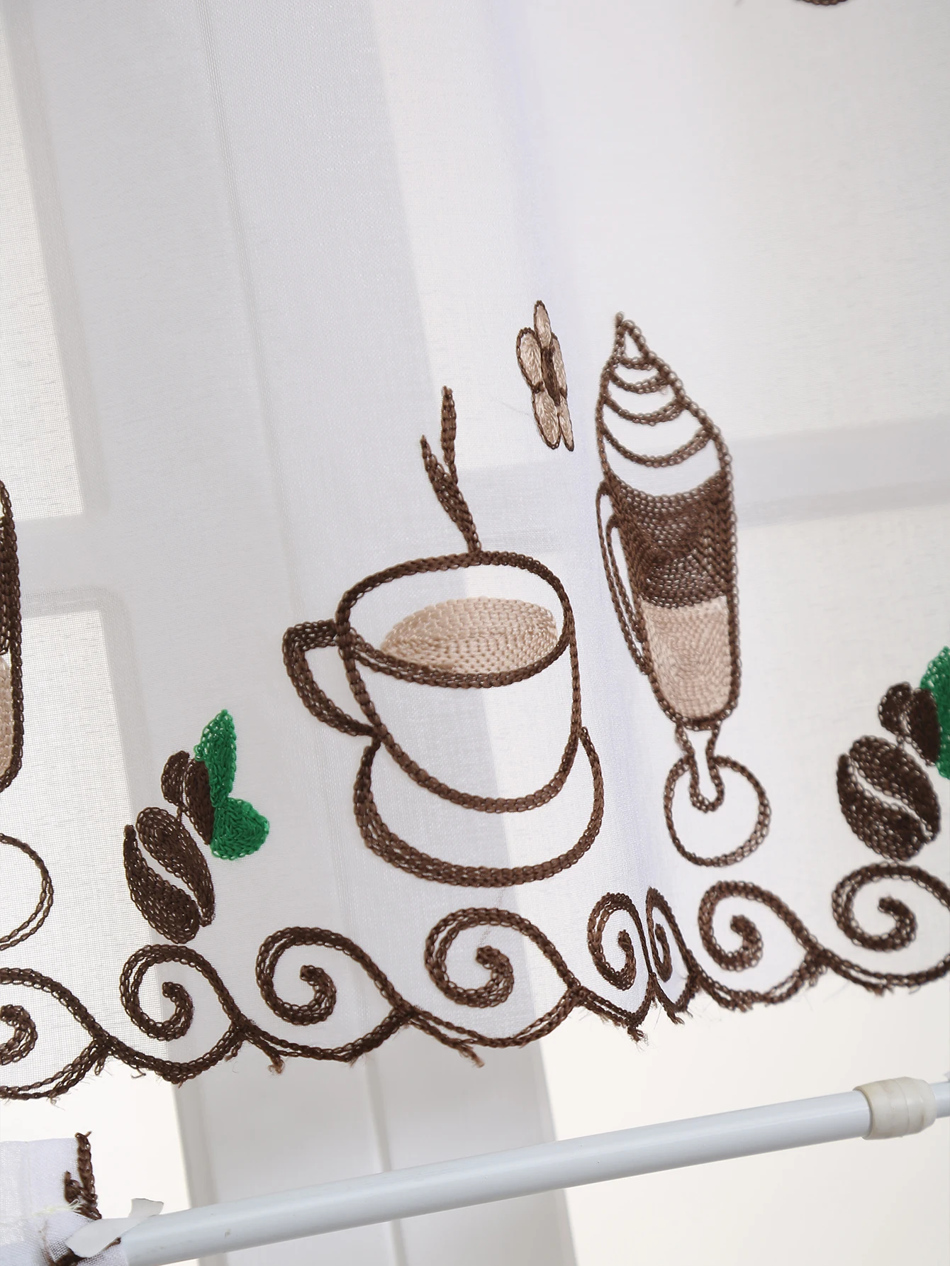 1PC Coffee Bean Embroidery Short Curtain, Coffee Shop Living Room Tulle Window Decorative Short Curtains Small Curtains