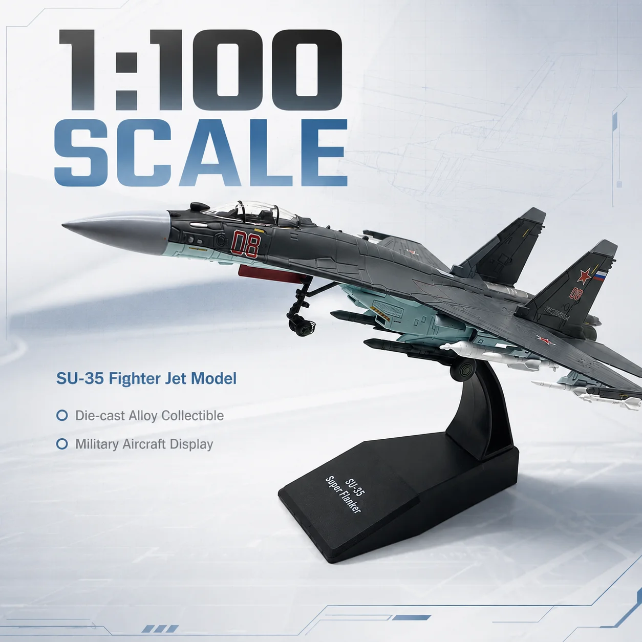 1/100 Scale Russian SU-35 Fighter Model Metal Alloy Simulation Collectible Miniature Aircraft Replica for Display