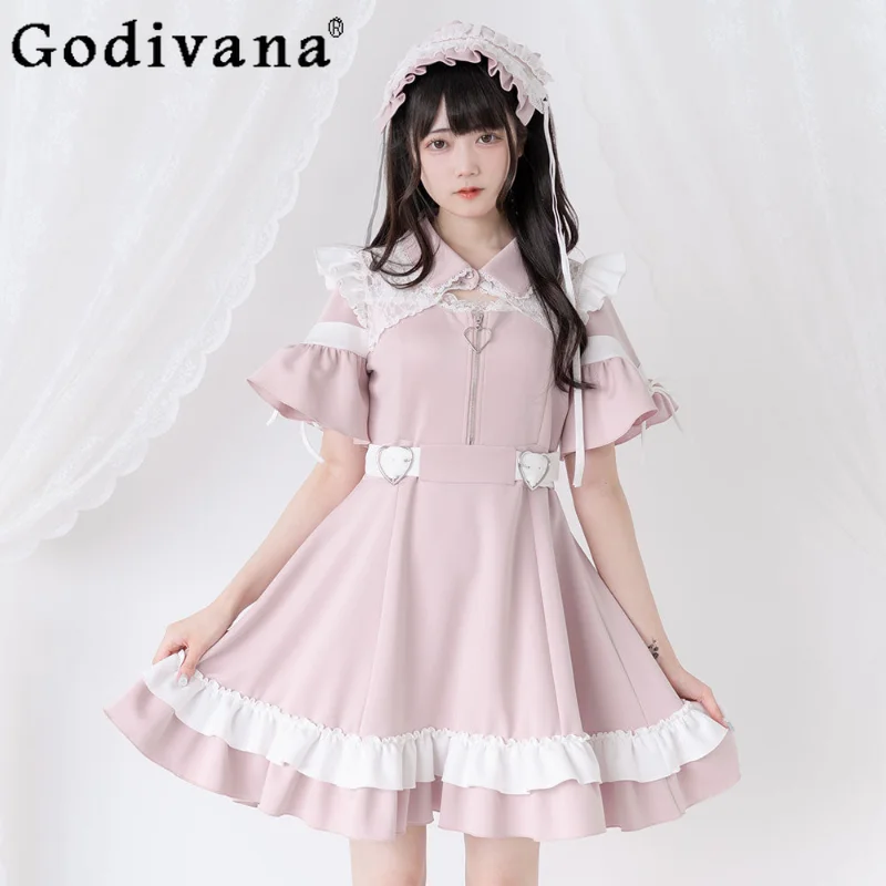 

Japanese Mine Heavy Industry Edible Tree Fungus Pink Dress Women Sweet Slim Lolita Mini Dress Office Lady A-Line Summer Dress