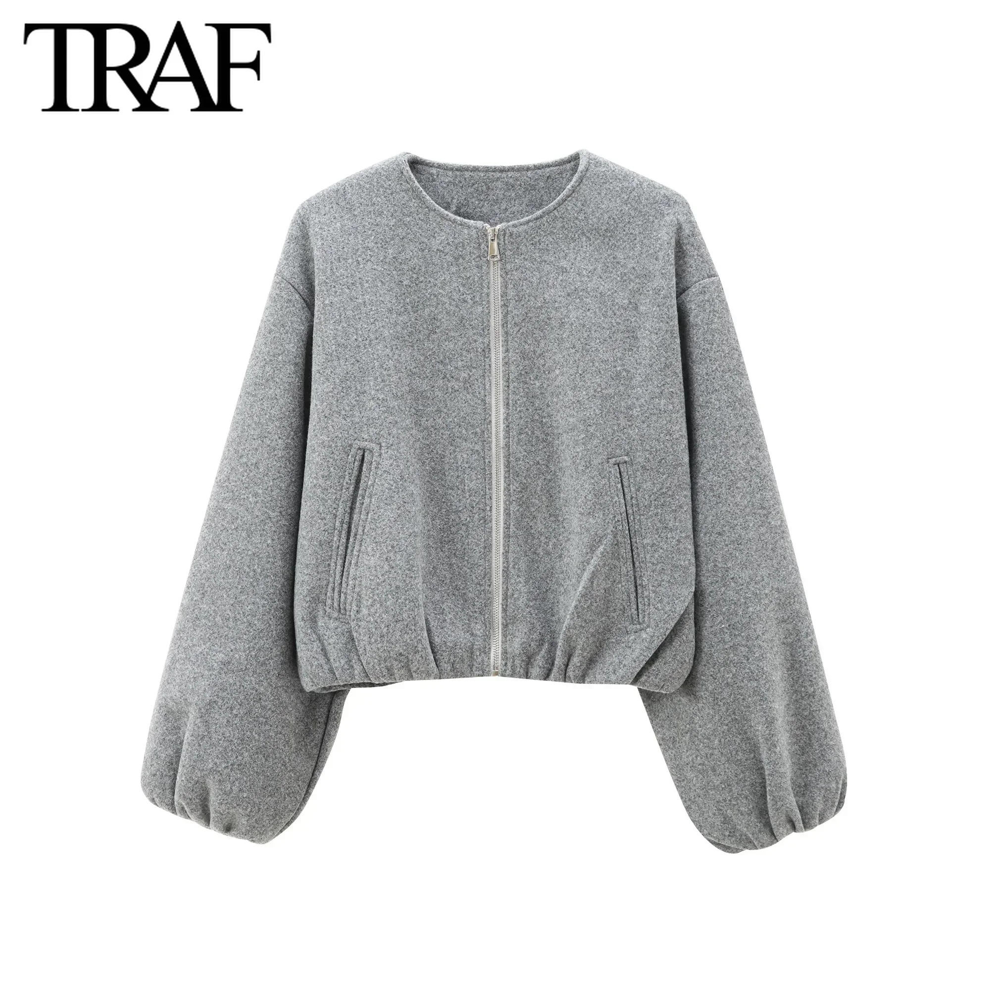 TRAF Women Fashion Autumn New Solid Color Soft Loose Pilot Jacket Long-sleeved Zip Round Neck Short Coats Chic Female Tops