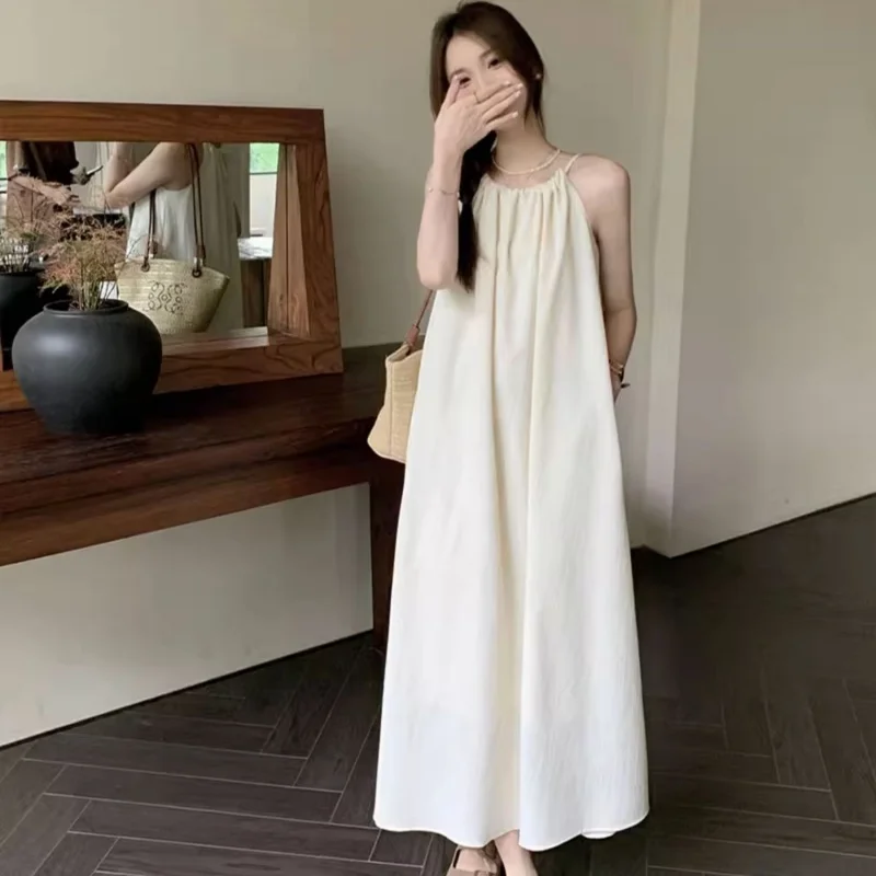 Damen Freizeit-Maxikleid, locker geschnittenes, gerafftes, aprikosenfarbenes, ärmelloses, minimalistisches Kleid für den Sommer, Strandurlaub, süßes Kleid