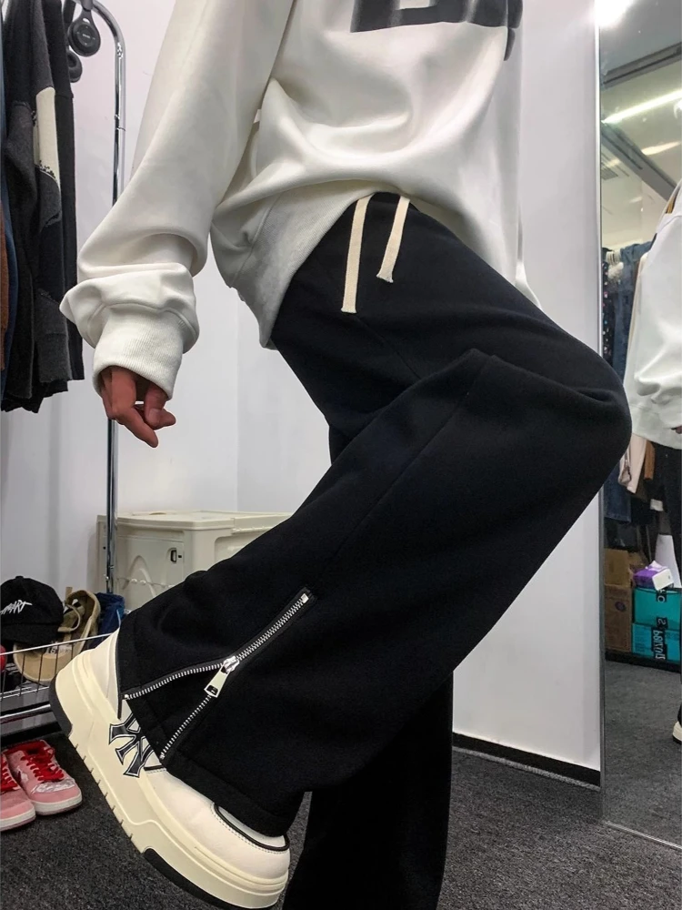 

Мужские утепленные флисовые брюки однотонного цвета с молнией, зимние и осенние брюки унисекс, облегающие корейские спортивные штаны с высокой талией для пар
