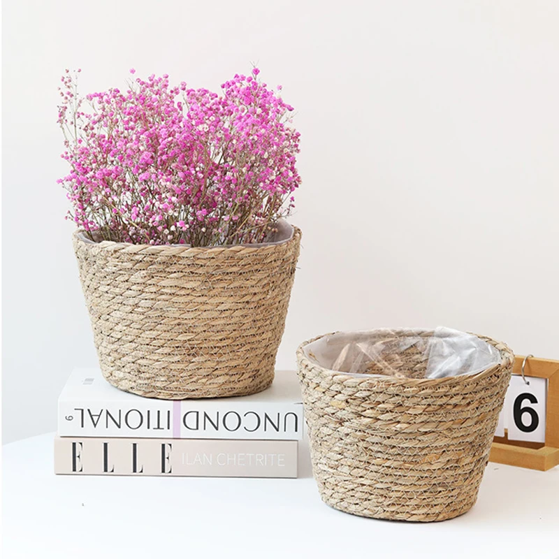 Grass Woven Flowerpot For Garden Terraces Furniture Decoration Small Plant Flower Basket Seedling Containers And Clothes Storage