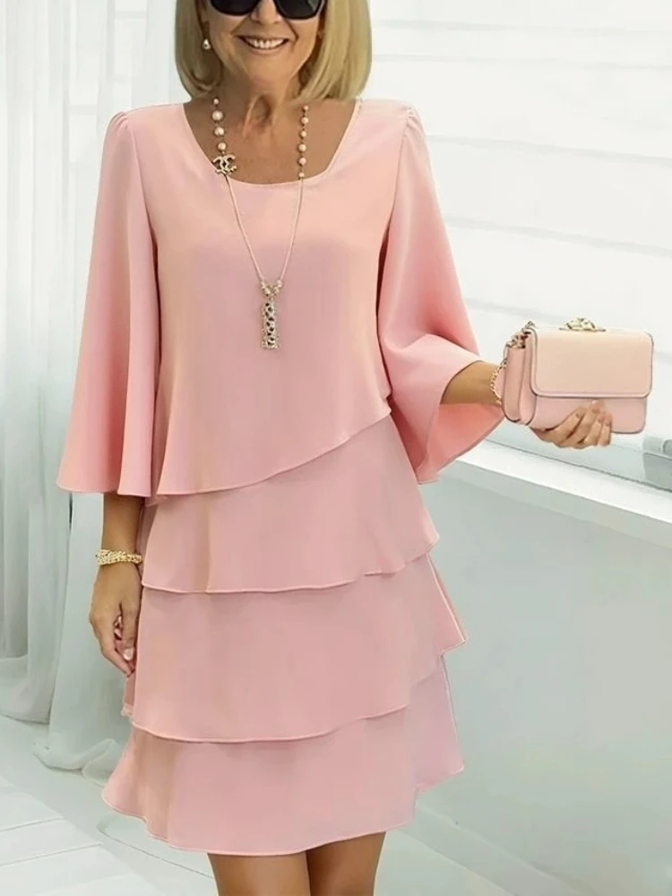 New Spring Summer Women's Fashion Cake Skirt 3/4 Bell Sleeve Temperament Loose Crewneck Dress Women Tiered Layered Flowy Dresses