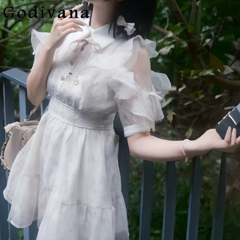 

Women Sweet Ruffle Edge Floral Waist Dress Rojita Japanese Style Summer Dress Female High Waist Lolita Pink Color Short Dress