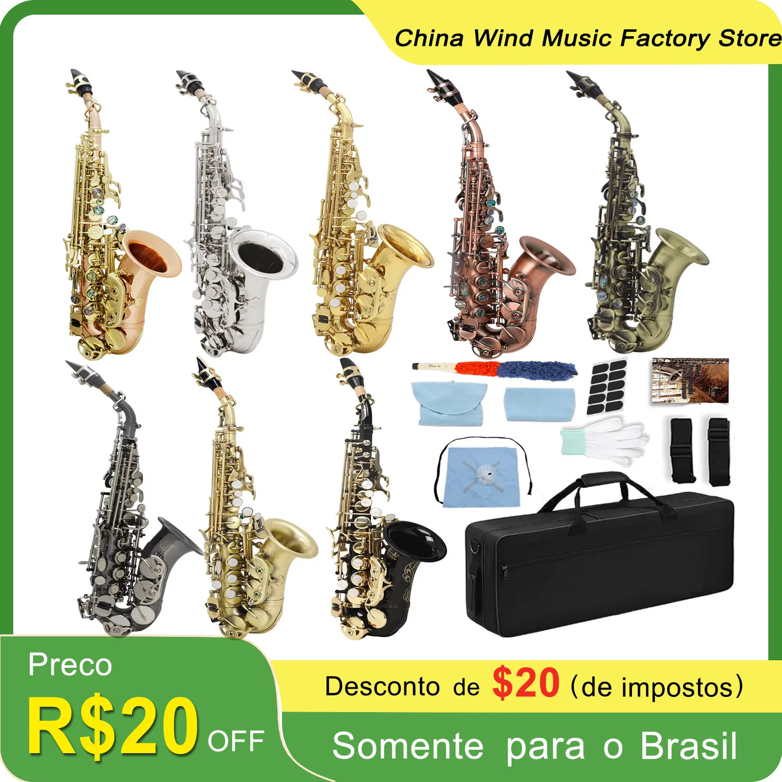 SLADE Student Soprano Saxophone Bb Flat Beginner Saxe Complete Set with Case Mouthpiece Strap Reed Various Colours Available