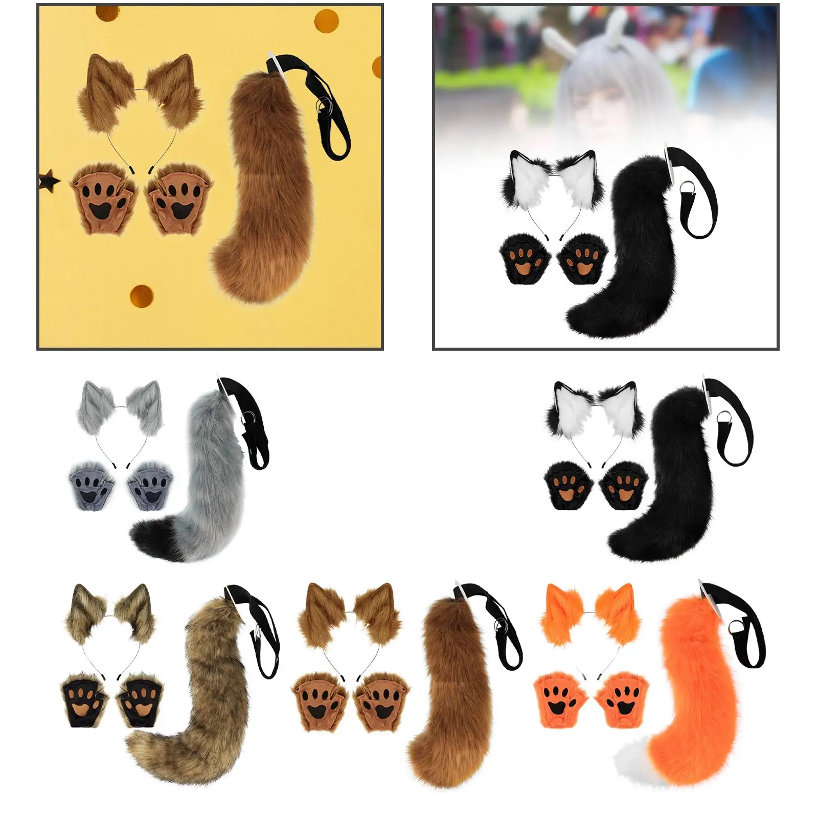 Faux Fox Ear Headband and Tail Set with Mittens for Adult Kids Cosplay Costume Halloween Masquerade Party
