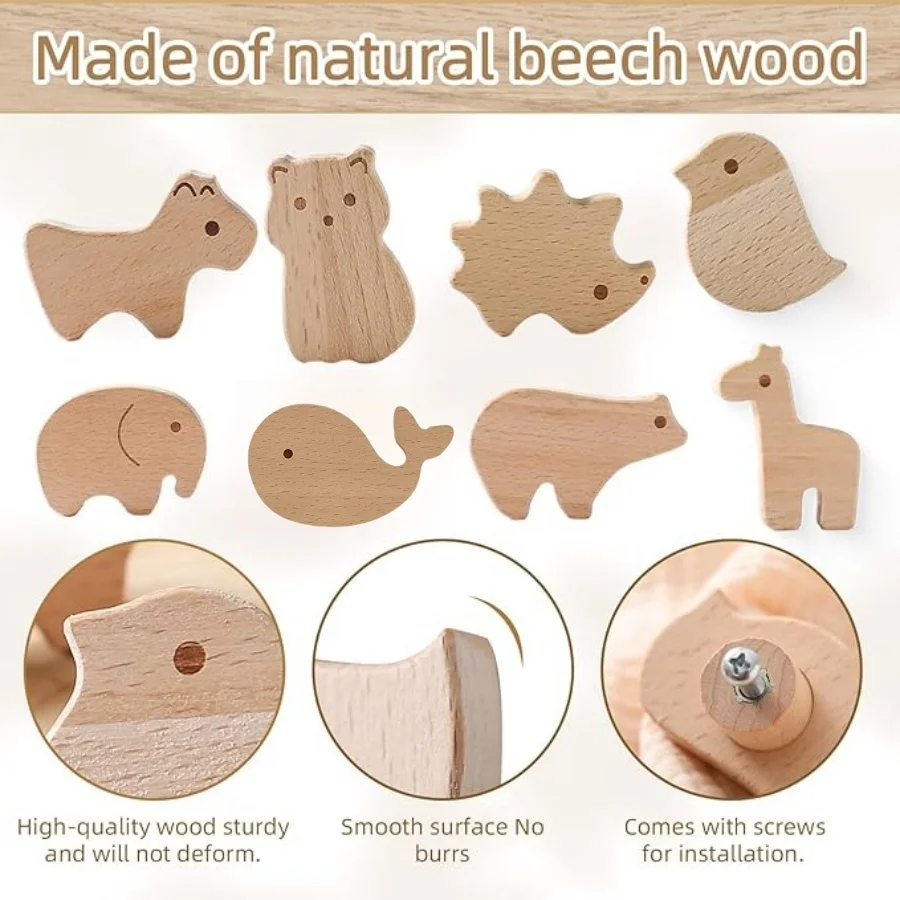 6/12Pcs Wooden Drawer Knobs Beautiful Wood Animal Cabinet Handle with Screws Children's Room Decorative Furniture Handles