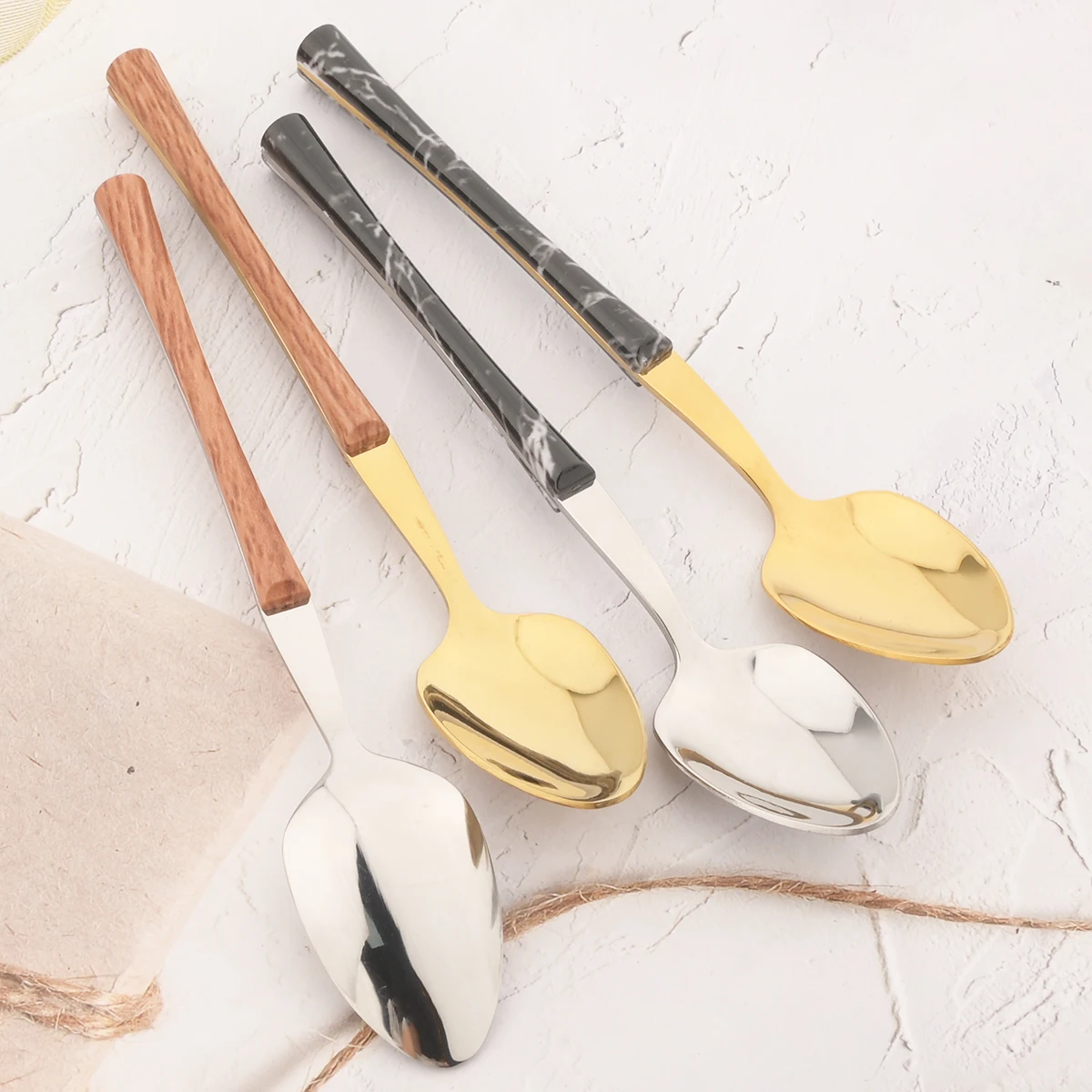 6Pcs Gold Tea Spoon Cutlery Set Coffee Milk Stirring Spoon Dinnerware Stainless Steel Imitation Wood Handle Tableware Silverware