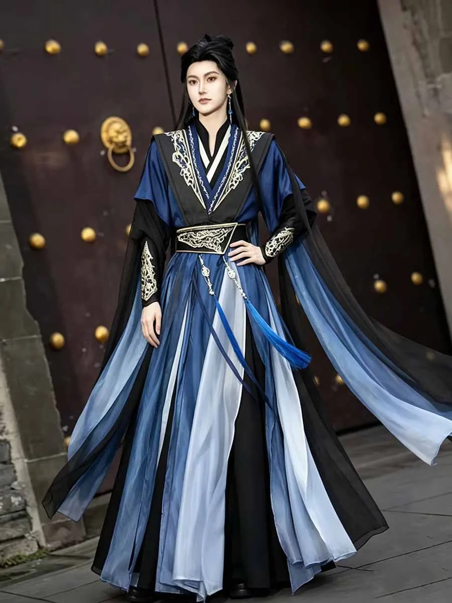 Men Women Hanfu Set Heavy Embroidery Wei Jin Ancient Chinese Robe Black&Blue Hanfu Male Halloween Cosplay Costume Plus Size XL