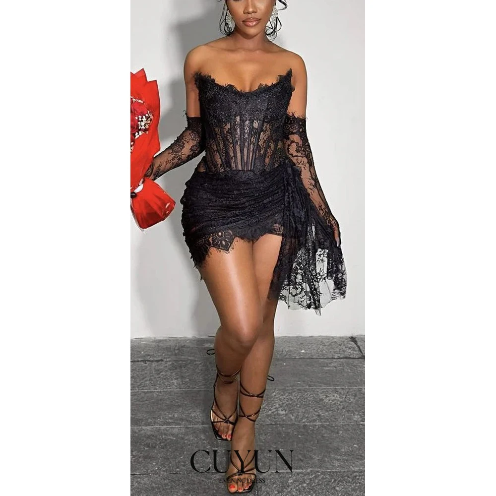 

CUYUN Sexy Black Lace Homecoming Dress Strapless Mini Party Dress Customized Short Prom Dresses for Women