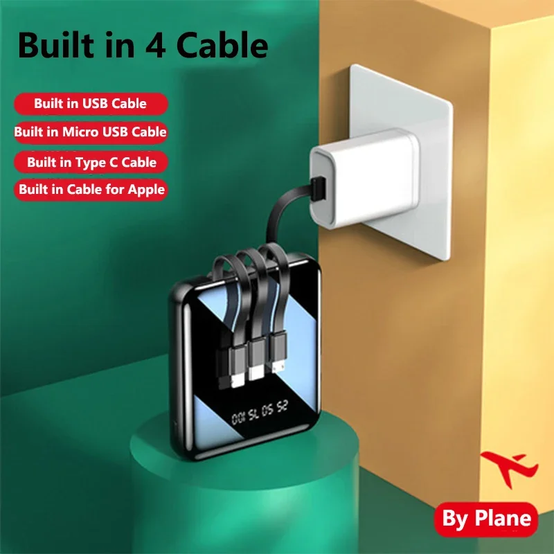 Mini Power Bank 20000mAh Built in Cable Portable Fast Charger Powerbank for iPhone Samsung Huawei Xiaomi External Spare Battery