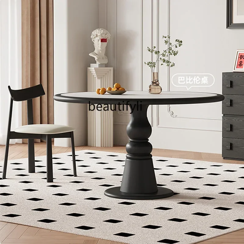 

1184Retro cream style round dining table household with turntable modern simple black pure white solid wood rock slab round tab