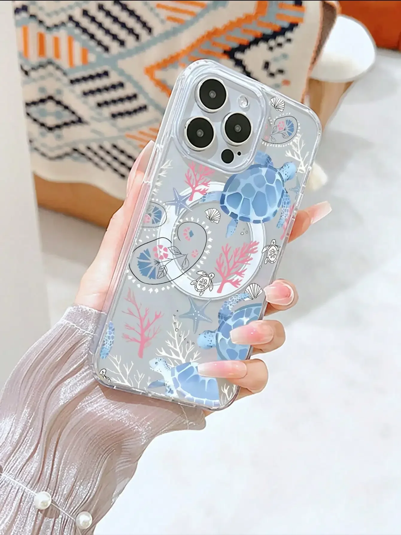 Sea Turtle Pattern Painted MagSafe Wireless Magnetic Transparent Perforated Phone Case for IPhone 16 15 14 13 12 11 Pro Max