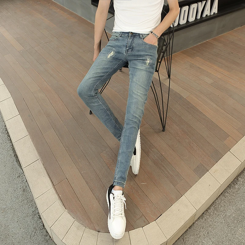 Slim Fit Men's Jeans Small Size Elastic Pencil Pants Youth Trendy Long Trousers Cotton Denim mid Waist Zipper Casual Jeans
