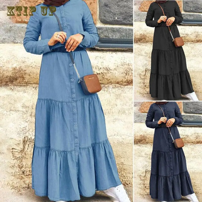 Denim Abaya Women Long Sleeve Maxi Dress Muslim Kaftan Dubai Button Robe Casual Jilbab Arab Gown Islamic Clothing Eid Ramadan