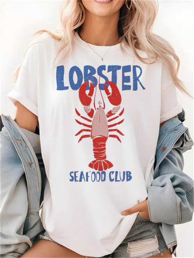 Lobster Seafood Club Cartoon Pattern Printed Travel Cute Women's Casual Summer Short Sleeved Vacation Top O-Neck White T-Shirt