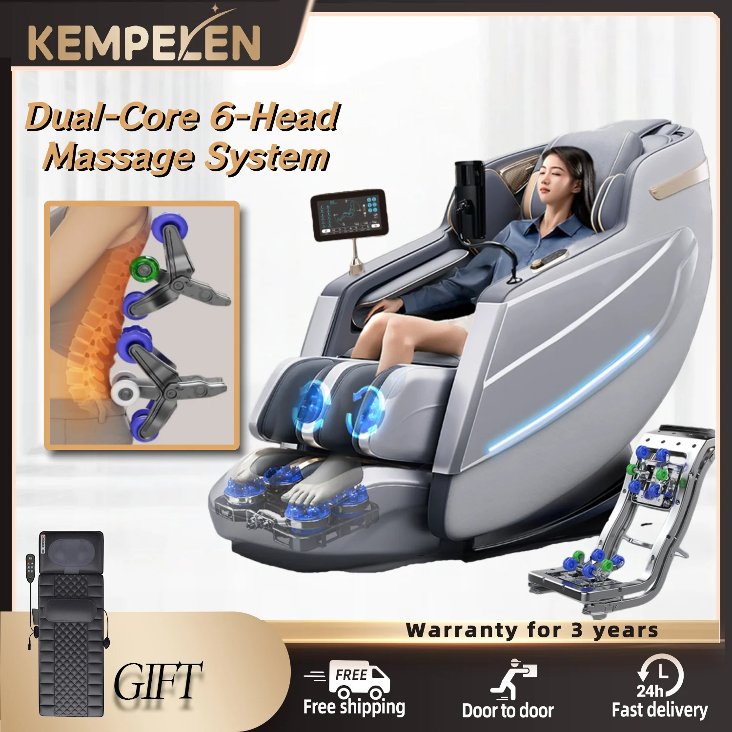 Dual-Core Smart Massage Chair with Heating Shawl, 152cm SL Track, Zero Gravity, Leg & Foot Rollers, AI Voice Control
