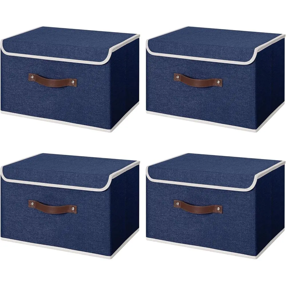 

4PCS Storage Bins with Lid PU Leather Handles Storage Boxes PP Plastic Board Decorative Foldable Lidded Cotton Linen Fabric Home
