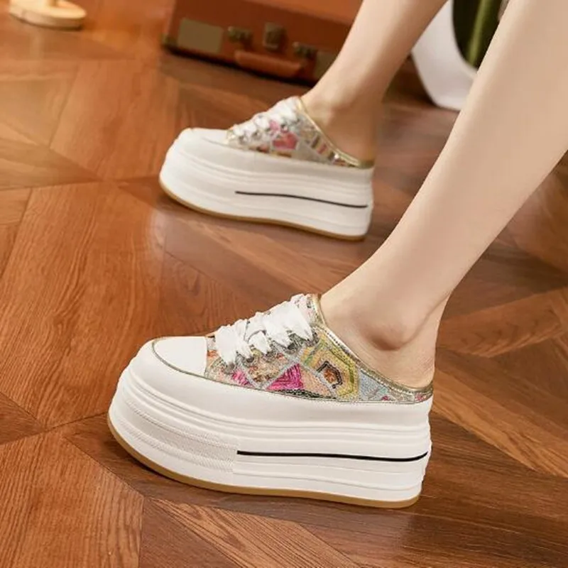 

2026 Women's Casual Shoes Summer 8.5cm Chunky Sneakers Female Novetly Fashion Bling Mules Shoes High Brand Comfy Slides Slippers