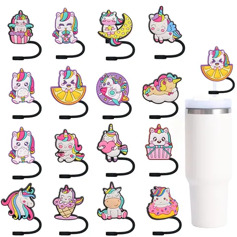 유니콘 만화 실리카겔 빨대 커버 빨대 플러그, 재사용 가능, 물튀김 방지, 음주 패션 빨대, 컵 빨대 캡 펜던트, 10mm