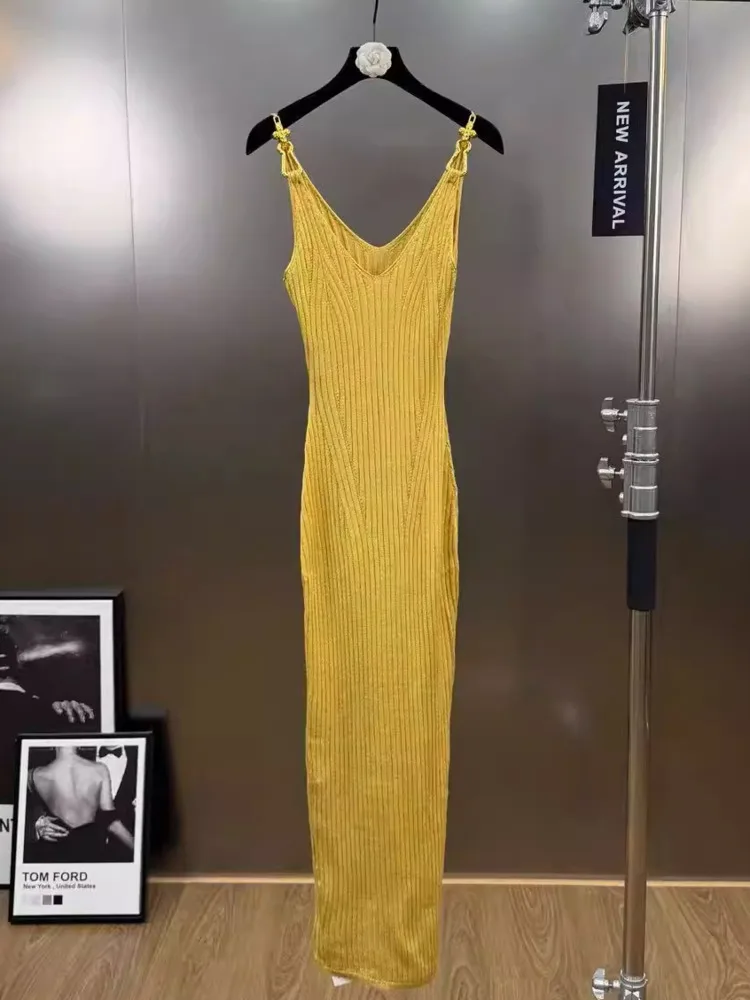 DFDG Vestido camisola de punto acanalado negro amarillo de primavera para mujer Vestido largo sin mangas Casual Diario 2025 Vestido de moda femenina de moda