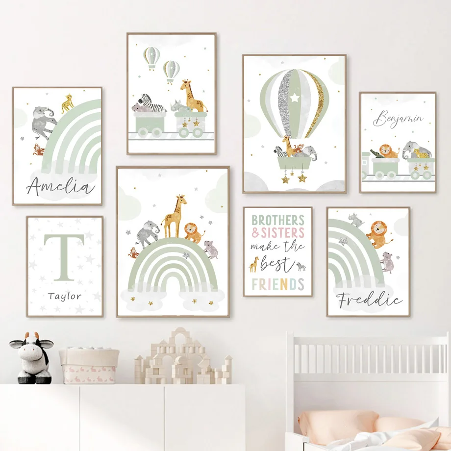 

Boho Rainbow Giraffe Lion Elephant Custom Name Nursery Nordic Poster Wall Art Print Canvas Painting Picture Baby Kids Room Decor