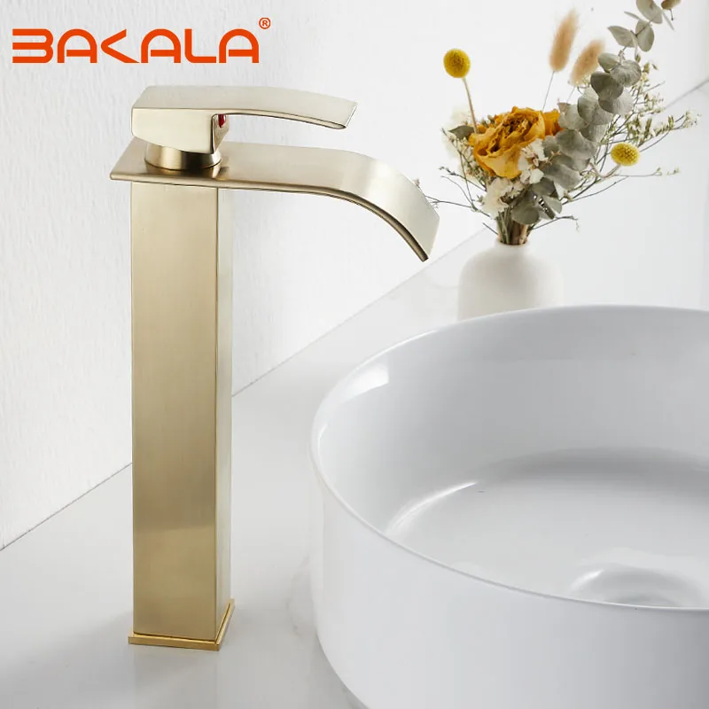 Brushed Gold Waterfall Faucet Bathroom Sink Faucets Hot Cold Water Mixer Crane Deck Mounted Single Hole Bath Tap Chrome Finished