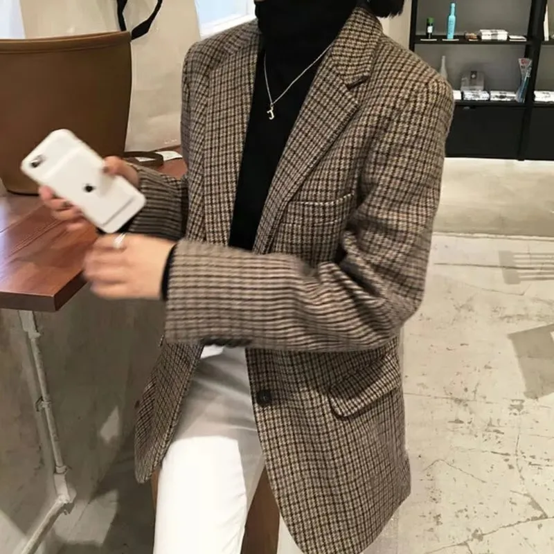 Retro Plaid Wool Suit Jacket Women Clothes 2024 Spring Autumn Large Size Blazer Women\'s Fat Mm Slim Plaid Suit New In Coat