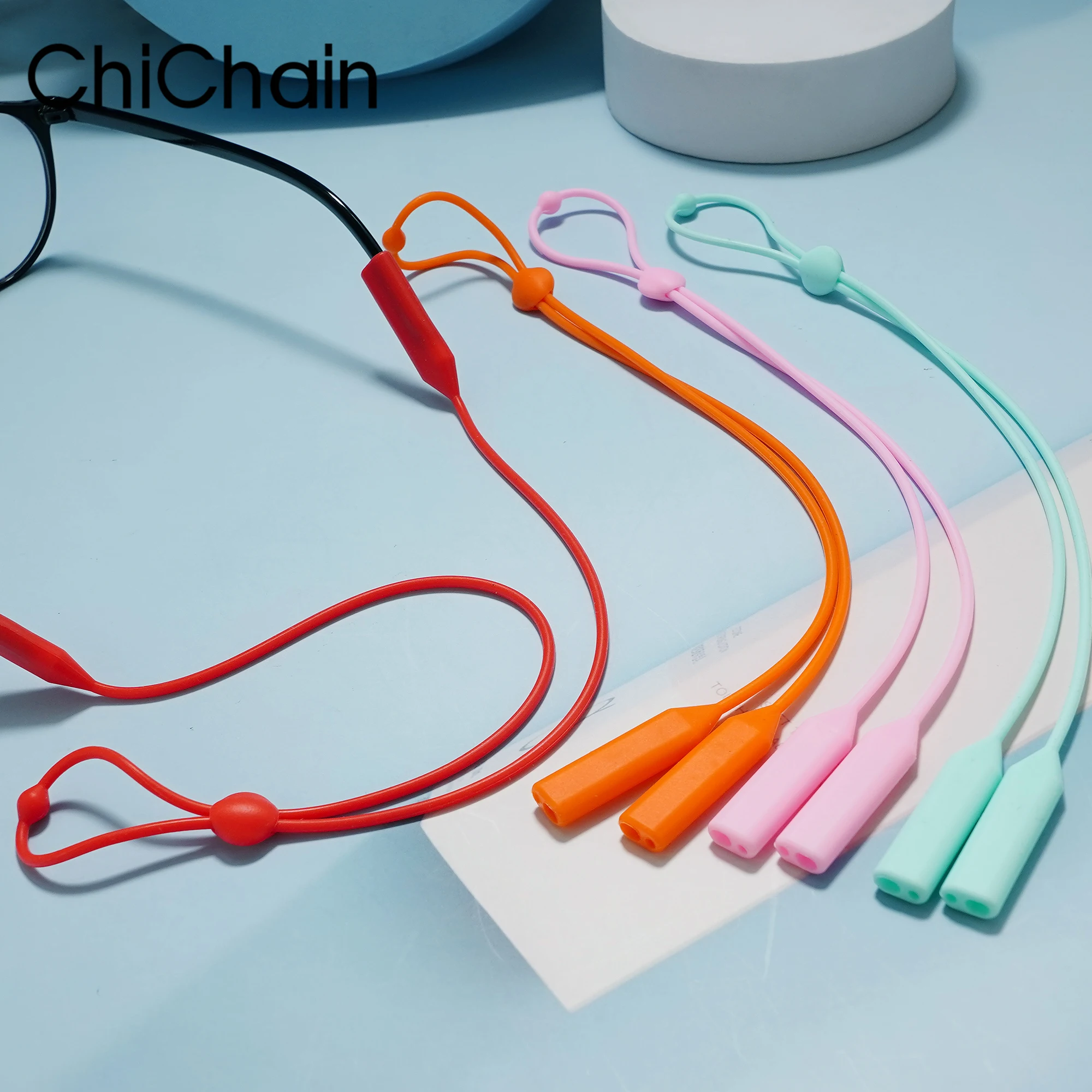 Elastic Silicone Eyeglasses Color Tape Adjustable Letter Button Sports Anti-Slip String Glasses Straps Neck Rope Wider Ends