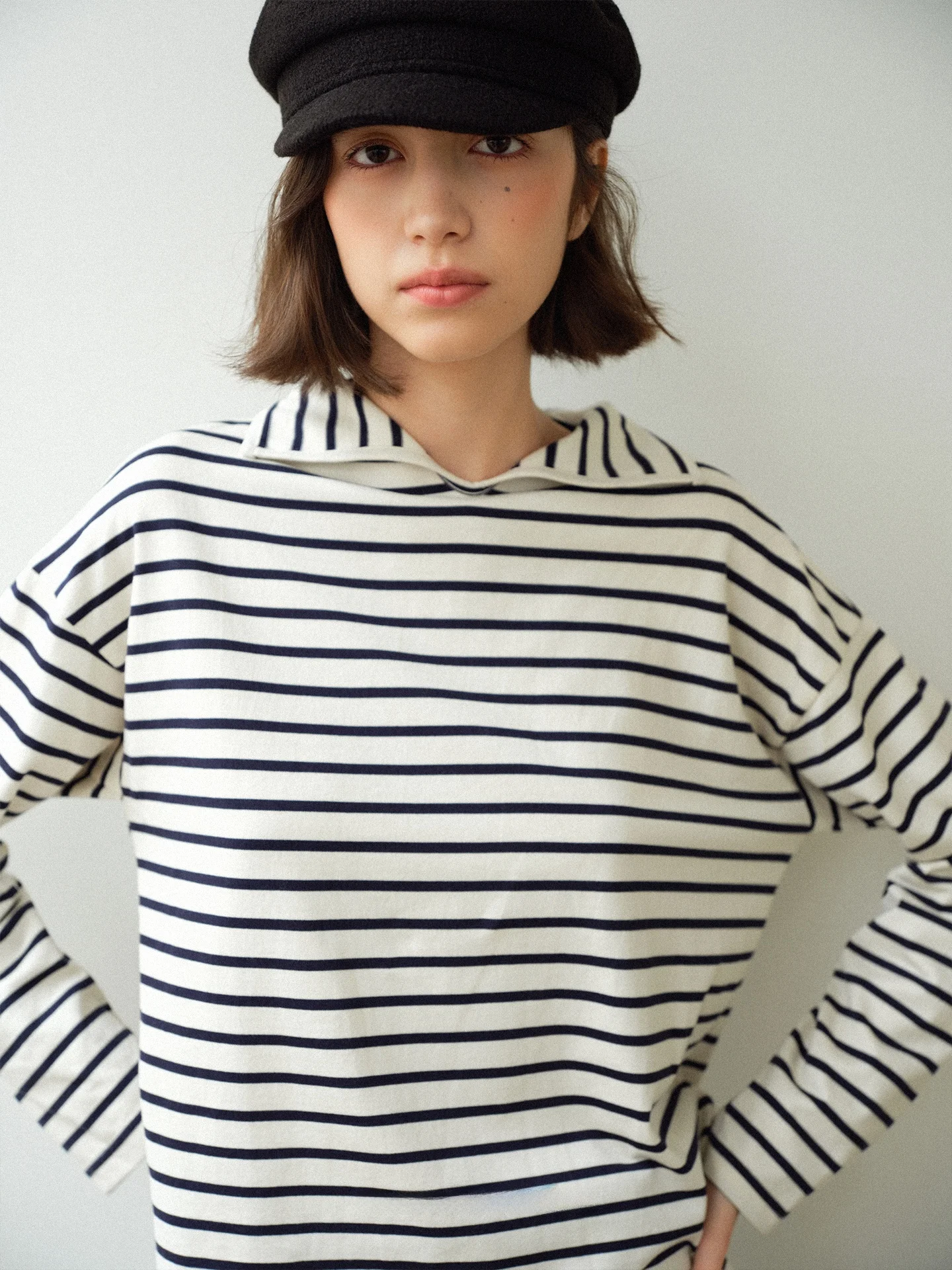 

Soft 00% Cotton Classic Striped Long Sve Casual T-irt with Small Collar for Women Comfortable Breathable Loose Fit T-irt