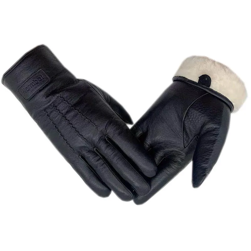 Winter Men's Genuine Leather Warm Gloves Black Sheepskin Lined Genuine Wool Coldproof Fashion Men's Driving Genuine Leather Genu