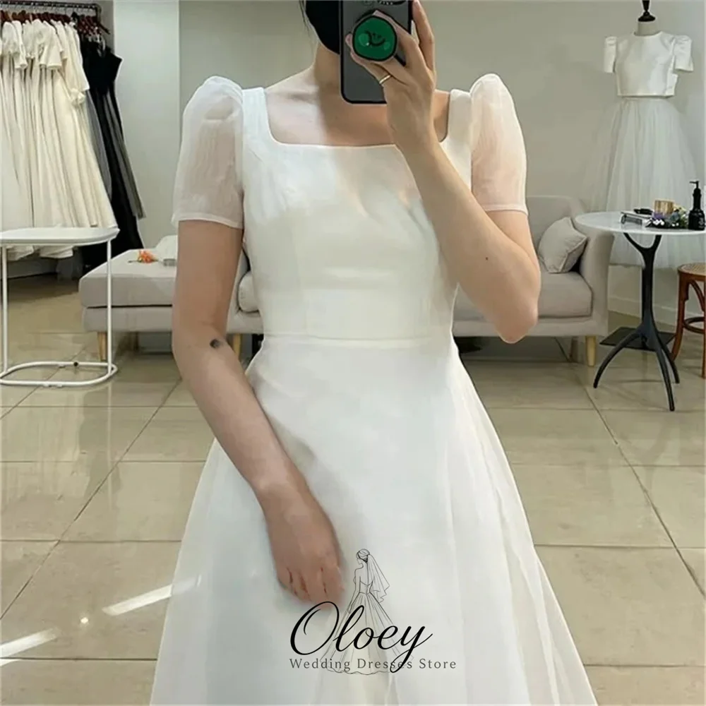 OLOEY Simple Square Neck Short Puff Sleeve Korea Wedding Dress Photo Shoot Organza A‑Line Bridal Gown Customized Lawn Wedding