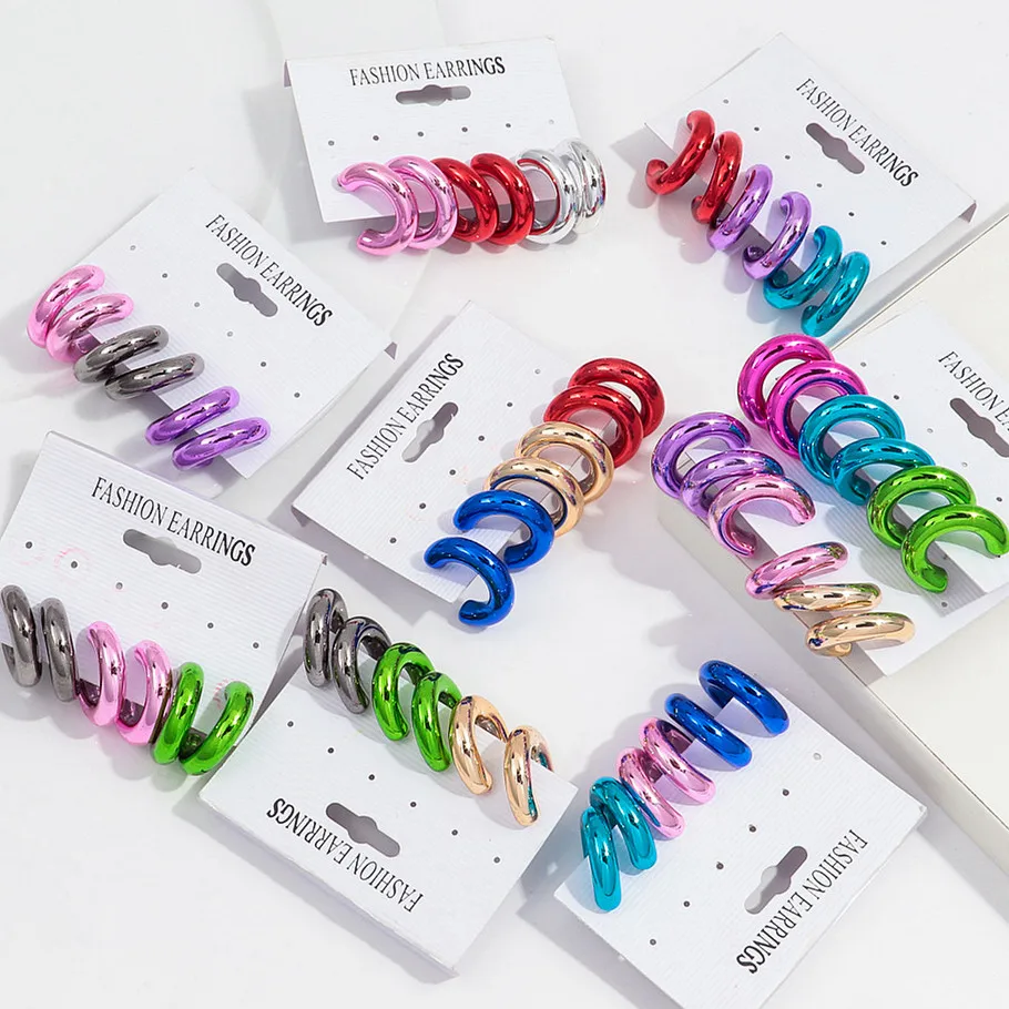 New 3pair/set Acrylic Small Circle Y2K Hoop Earrings for Women Smooth Metallic Color C-Shaped Huggies Earring Retro Jewelry Gift