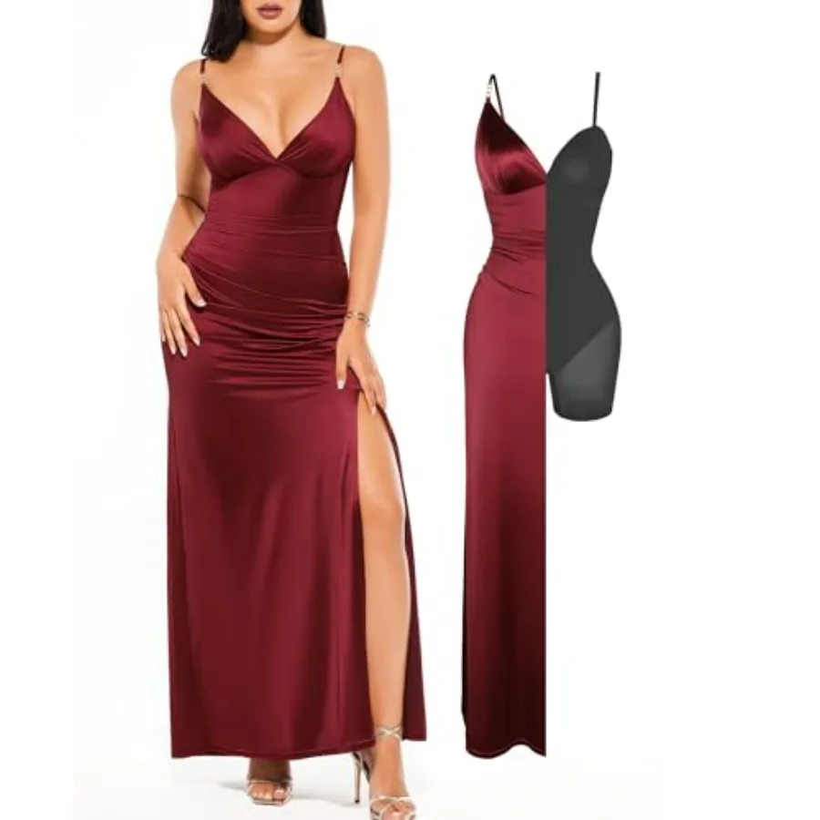 Popilush Women's Sexy Maxi Dress Deep V Neck Ruched Shapewear Dresses Side Slit Formal Cocktail Party Dress