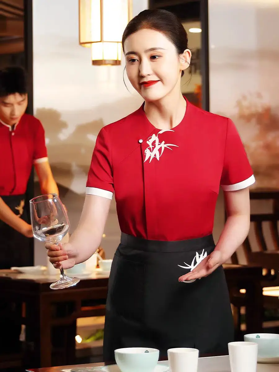 Chinese Waitress Customize Work Clothes Short Sleeve Hotel Restaurant Staff Summer Female Top and Apron Logo DIY Uniform