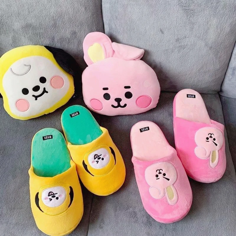 Zapatillas de algodón de felpa Kawaii de Anime BT21, zapatillas antideslizantes de interior a la moda para mujer Chimmy Cooky para primavera y otoño