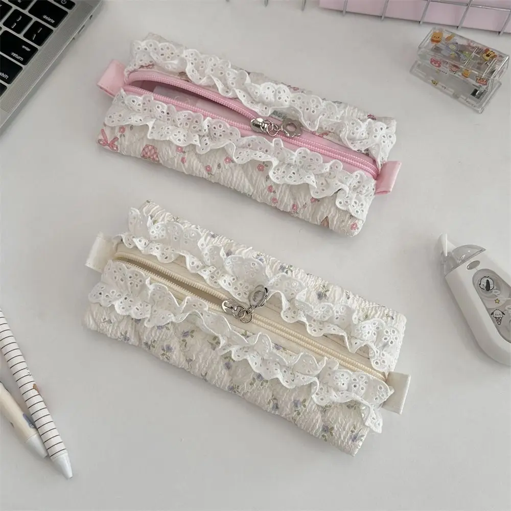 Fresh Lace Pencil Pouch Large Capacity Cosmetic Bag Flower Pattern Pen Case Makeup Bag Cartoon Stationery Storage Bag