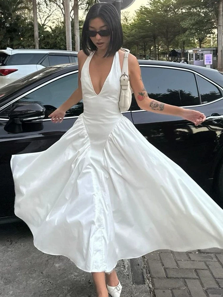 

Backless Deep V Halter Neck Long Dress Summer Women's Sexy Party Vestidos Halter New Fashion Slim White Sleeveless Long Dresses