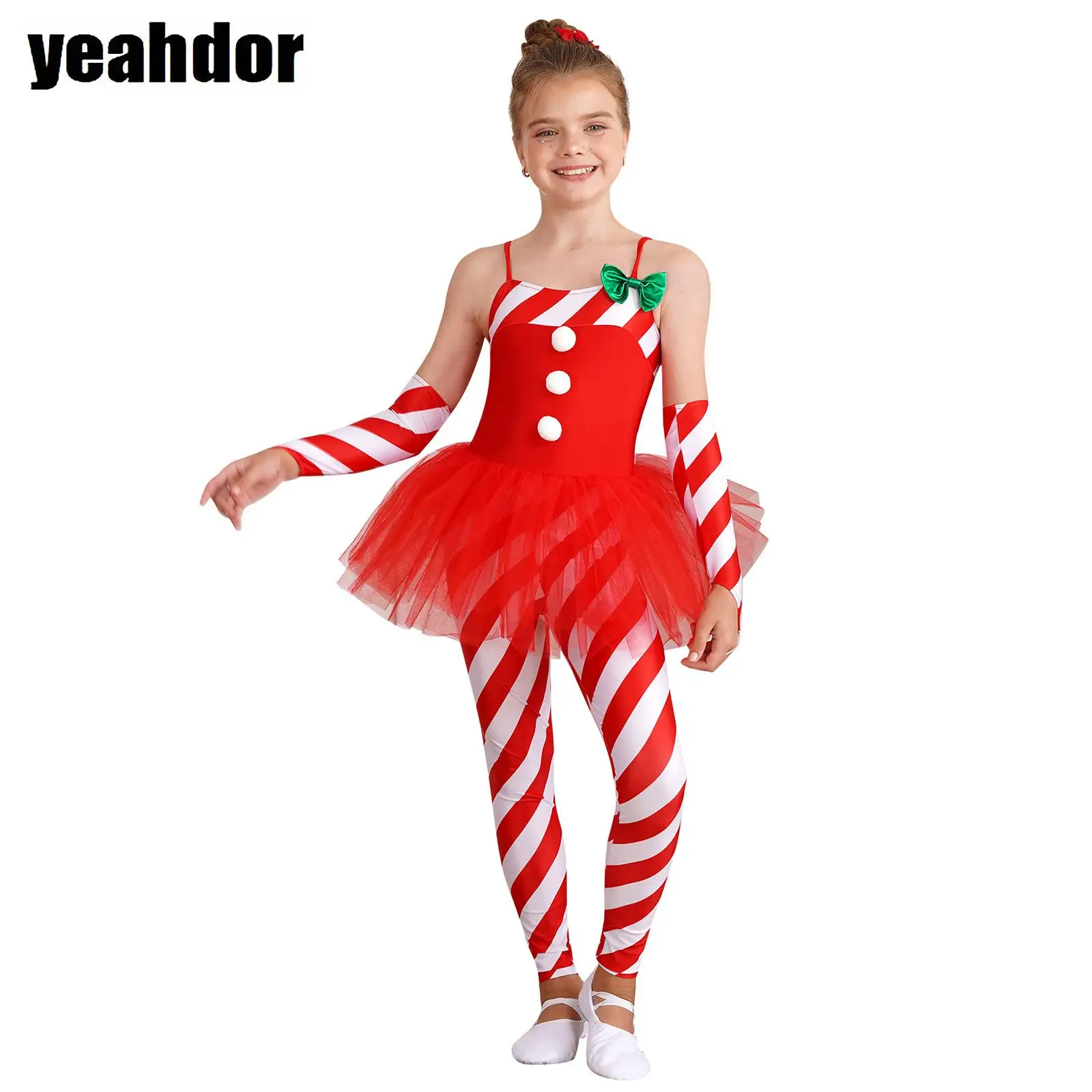 

Girls Candy Cane Costume Santa Claus Christmas Dance Bodysuit Sleeveless Stripes Print Tulle Peplum Jumpsuit with Arm Sleeves