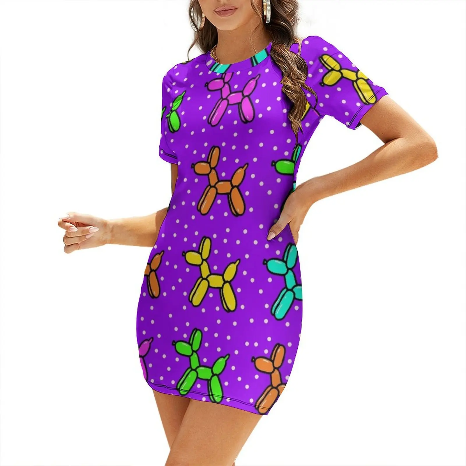 

Balloon Dogs: Multi-color on Purple Short Sleeved Dress fairy dress elegant women's sets summer outfits for women 2024