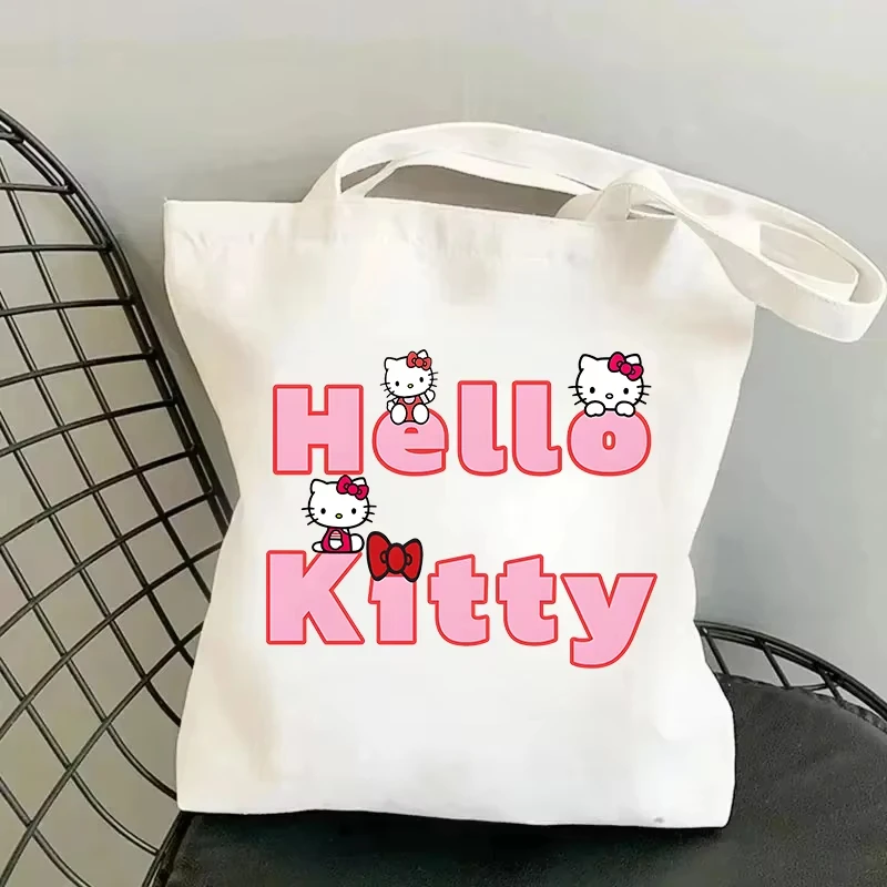 

Сумка-шоппер Hello Kitty из холщовой ткани, женская, большая вместимость, мультяшный аниме-дизайн, простая повседневная сумка, студенческая сумка для книг